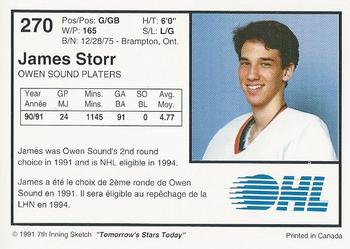 1991-92 7th Inning Sketch OHL #270 James Storr Back