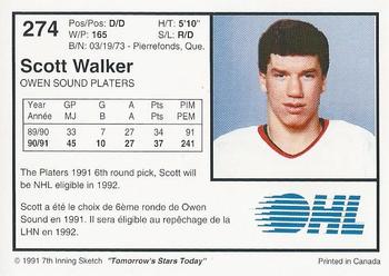1991-92 7th Inning Sketch OHL #274 Scott Walker Back