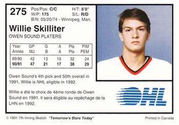 1991-92 7th Inning Sketch OHL #275 Willie Skilliter Back