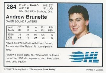 1991-92 7th Inning Sketch OHL #284 Andrew Brunette Back