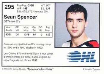 1991-92 7th Inning Sketch OHL #295 Sean Spencer Back