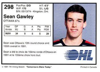 1991-92 7th Inning Sketch OHL #298 Sean Gawley Back