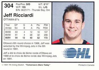 1991-92 7th Inning Sketch OHL #304 Jeff Ricciardi Back