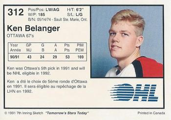 1991-92 7th Inning Sketch OHL #312 Ken Belanger Back