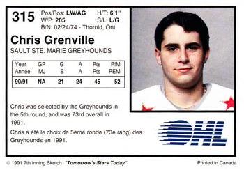 1991-92 7th Inning Sketch OHL #315 Chris Grenville Back