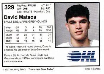 1991-92 7th Inning Sketch OHL #329 David Matsos Back