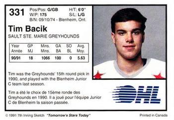1991-92 7th Inning Sketch OHL #331 Tim Bacik Back