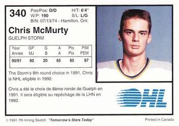 1991-92 7th Inning Sketch OHL #340 Chris McMurtry Back