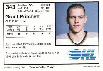 1991-92 7th Inning Sketch OHL #343 Grant Pritchett Back