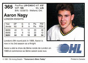1991-92 7th Inning Sketch OHL #365 Aaron Nagy Back