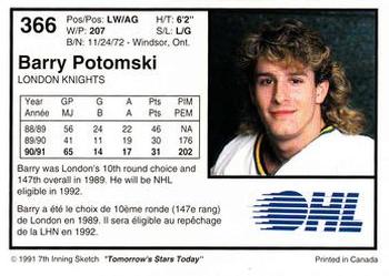 1991-92 7th Inning Sketch OHL #366 Barry Potomski Back