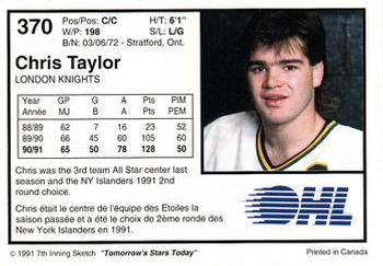 1991-92 7th Inning Sketch OHL #370 Chris Taylor Back