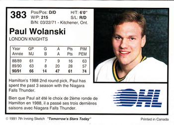 1991-92 7th Inning Sketch OHL #383 Paul Wolanski Back