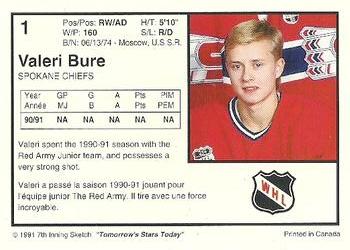 1991-92 7th Inning Sketch WHL #1 Valeri Bure Back