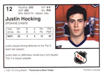 1991-92 7th Inning Sketch WHL #12 Justin Hocking Back