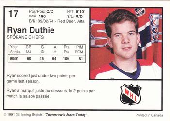 1991-92 7th Inning Sketch WHL #17 Ryan Duthie Back
