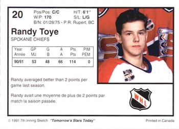 1991-92 7th Inning Sketch WHL #20 Randy Toye Back