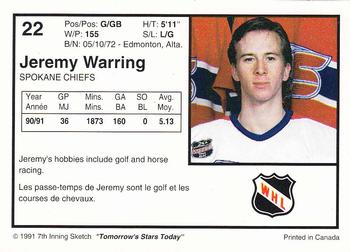 1991-92 7th Inning Sketch WHL #22 Jeremy Warring Back