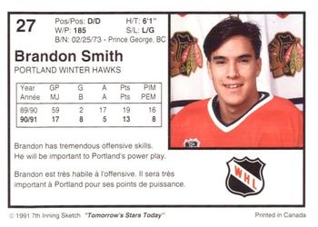 1991-92 7th Inning Sketch WHL #27 Brandon Smith Back