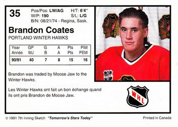 1991-92 7th Inning Sketch WHL #35 Brandon Coates Back