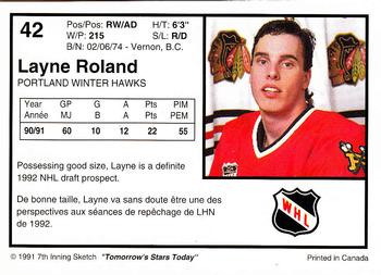 1991-92 7th Inning Sketch WHL #42 Layne Roland Back