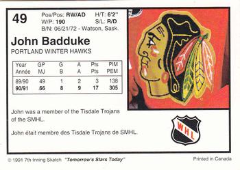 1991-92 7th Inning Sketch WHL #49 John Badduke Back