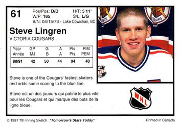 1991-92 7th Inning Sketch WHL #61 Steve Lingren Back