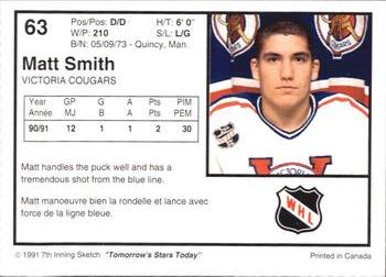 1991-92 7th Inning Sketch WHL #63 Matt Smith Back