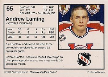 1991-92 7th Inning Sketch WHL #65 Andrew Laming Back
