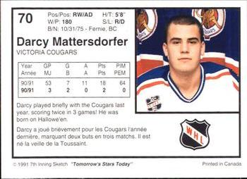 1991-92 7th Inning Sketch WHL #70 Darcy Mattersdorfer Back