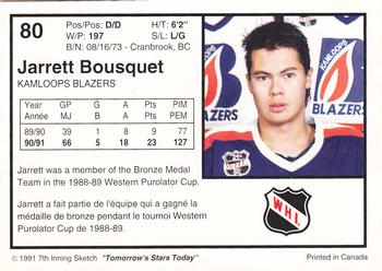 1991-92 7th Inning Sketch WHL #80 Jarrett Bousquet Back