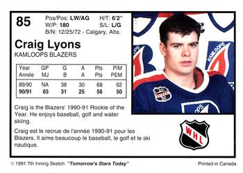 1991-92 7th Inning Sketch WHL #85 Craig Lyons Back