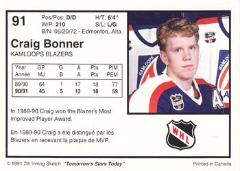 1991-92 7th Inning Sketch WHL #91 Craig Bonner Back