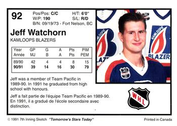 1991-92 7th Inning Sketch WHL #92 Jeff Watchorn Back