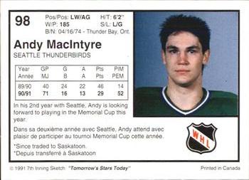 1991-92 7th Inning Sketch WHL #98 Andy MacIntyre Back