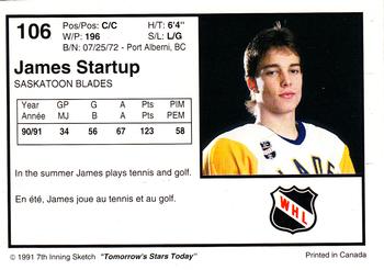 1991-92 7th Inning Sketch WHL #106 James Startup Back
