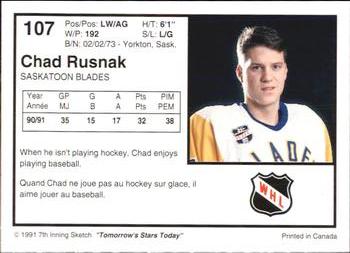 1991-92 7th Inning Sketch WHL #107 Chad Rusnak Back
