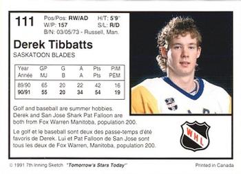 1991-92 7th Inning Sketch WHL #111 Derek Tibbatts Back