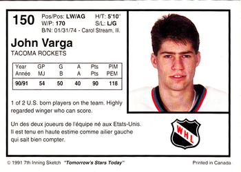 1991-92 7th Inning Sketch WHL #150 John Varga Back