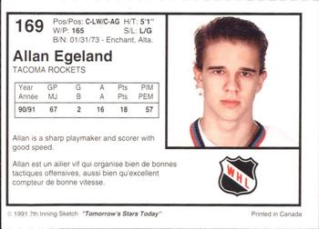 1991-92 7th Inning Sketch WHL #169 Allan Egeland Back