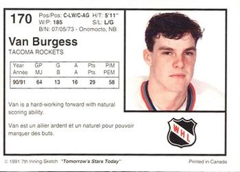 1991-92 7th Inning Sketch WHL #170 Van Burgess Back
