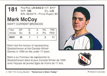1991-92 7th Inning Sketch WHL #181 Mark McCoy Back