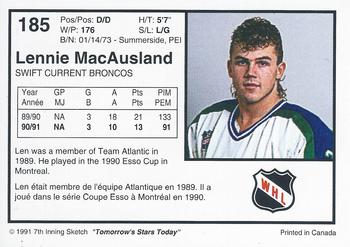 1991-92 7th Inning Sketch WHL #185 Lennie MacAusland Back