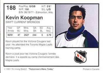 1991-92 7th Inning Sketch WHL #188 Kevin Koopman Back