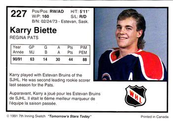 1991-92 7th Inning Sketch WHL #227 Karry Biette Back