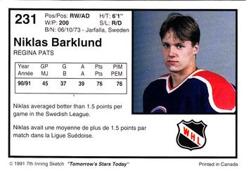 1991-92 7th Inning Sketch WHL #231 Niklas Barklund Back