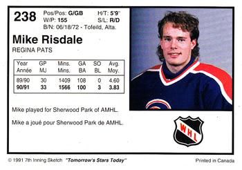 1991-92 7th Inning Sketch WHL #238 Mike Risdale Back
