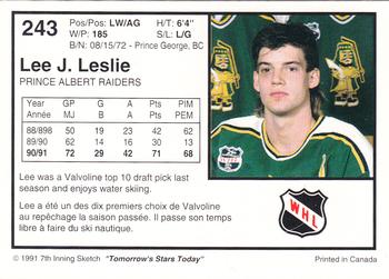 1991-92 7th Inning Sketch WHL #243 Lee J. Leslie Back