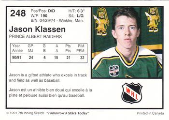 1991-92 7th Inning Sketch WHL #248 Jason Klassen Back