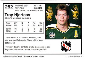 1991-92 7th Inning Sketch WHL #252 Troy Hjertaas Back